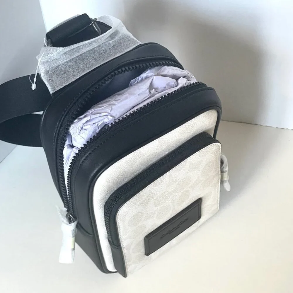 Coach Racer Sling Pack CV763 Black Chalk Signature Canvas Leather Crossbody